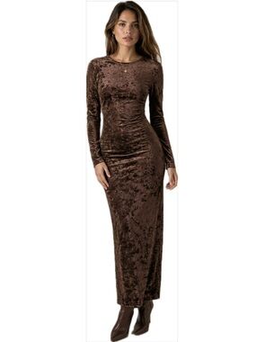 See You Monday Dark Brown Crushed Velvet Maxi Bodycon Dress Medium Long Sleeve